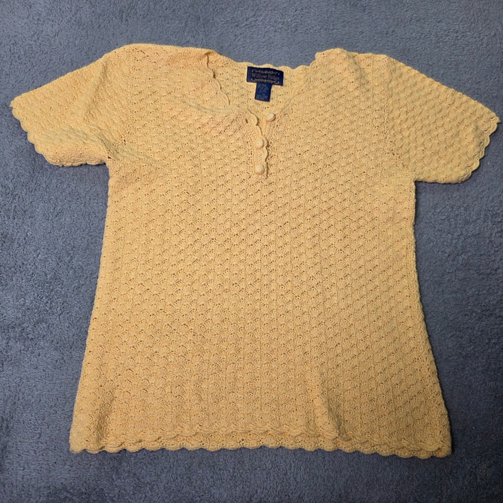 Willow Ridge Womens Med Knit Top Yellow Short Sleeve Scallop Pointelle Henley